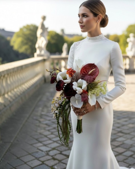 Bordeaux Elegance | Antoryum ve Gala Çiçeği Gelin Buketi