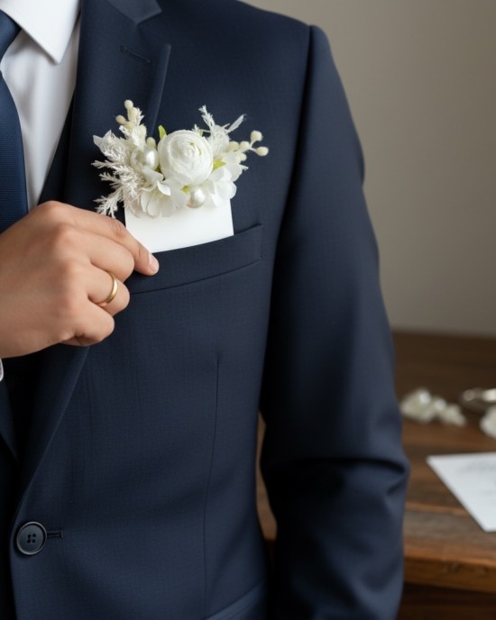 İnci Detaylı Damat Cep Çiçeği 